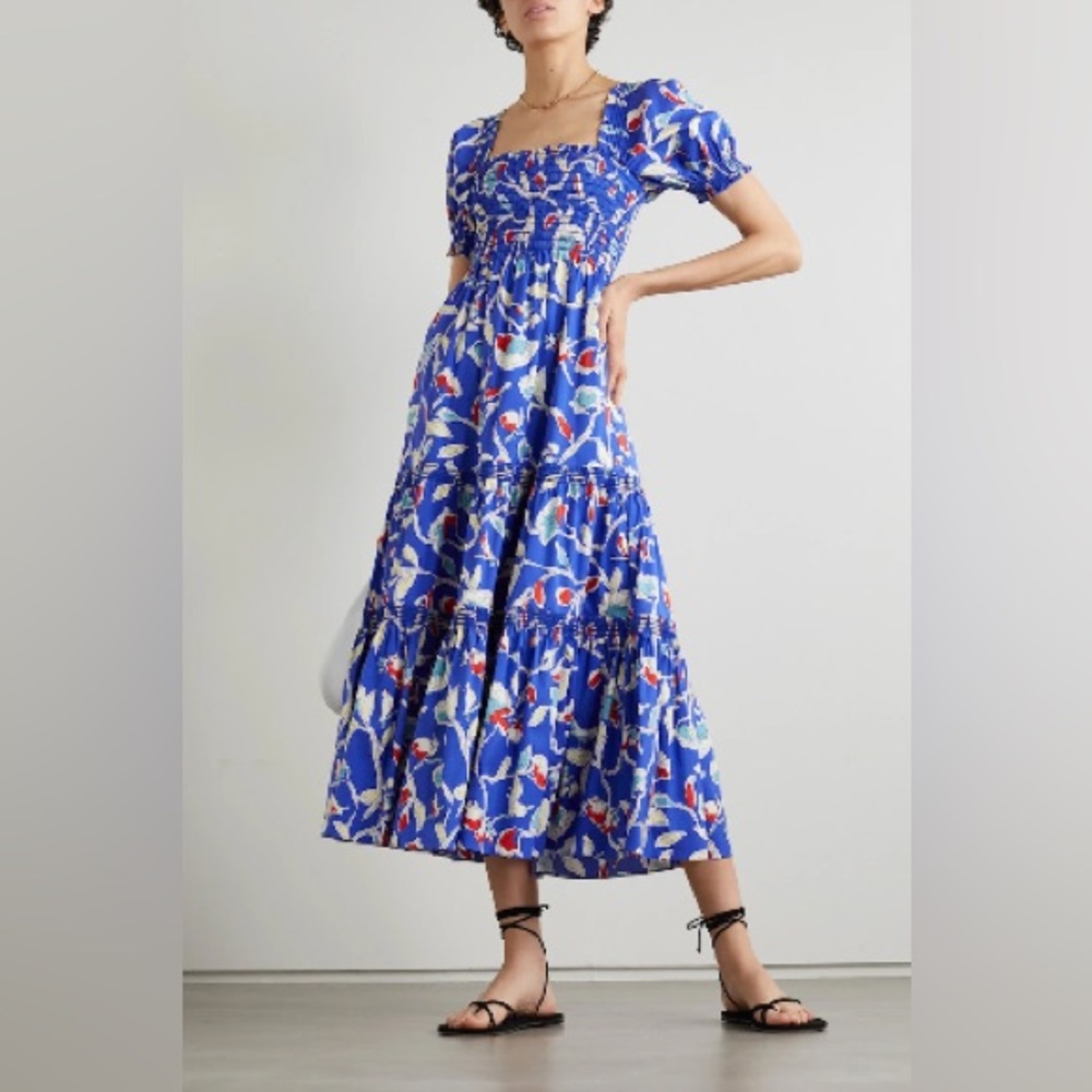 Tory Burch smocked midi dress in blue painted roses ASO Kate Middleton